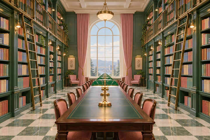 A symmetrical library with green bookcases, brass ladders, a long reading table with brass lamps and a tall arched window.