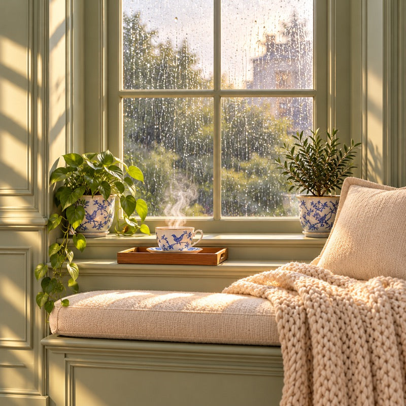 A window seat with a cup of tea, rain on the glass
