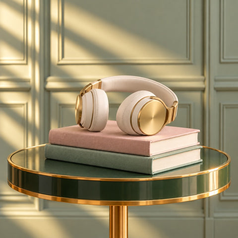 Cream headphones resting on two books on a small green table
