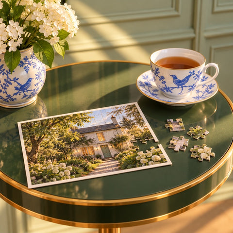 A postcard puzzle, almost finished, beside a cup of tea on a small green table