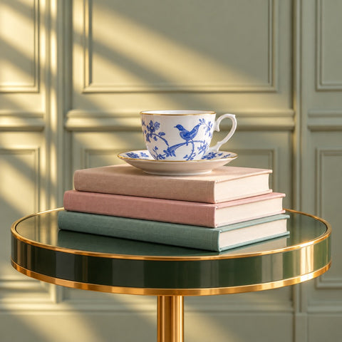 A blue-and-white teacup on three pastel books on a small green table