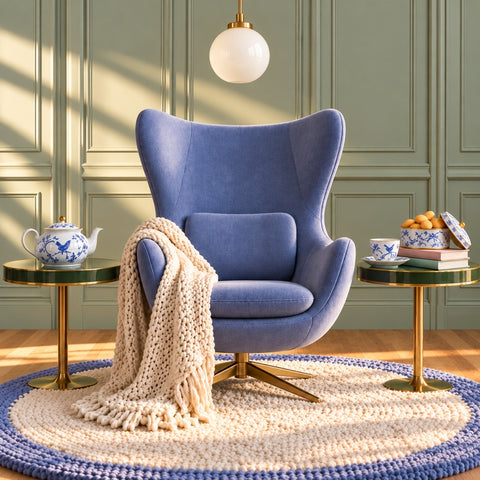 A periwinkle egg chair with a knitted blanket under a pendant lamp