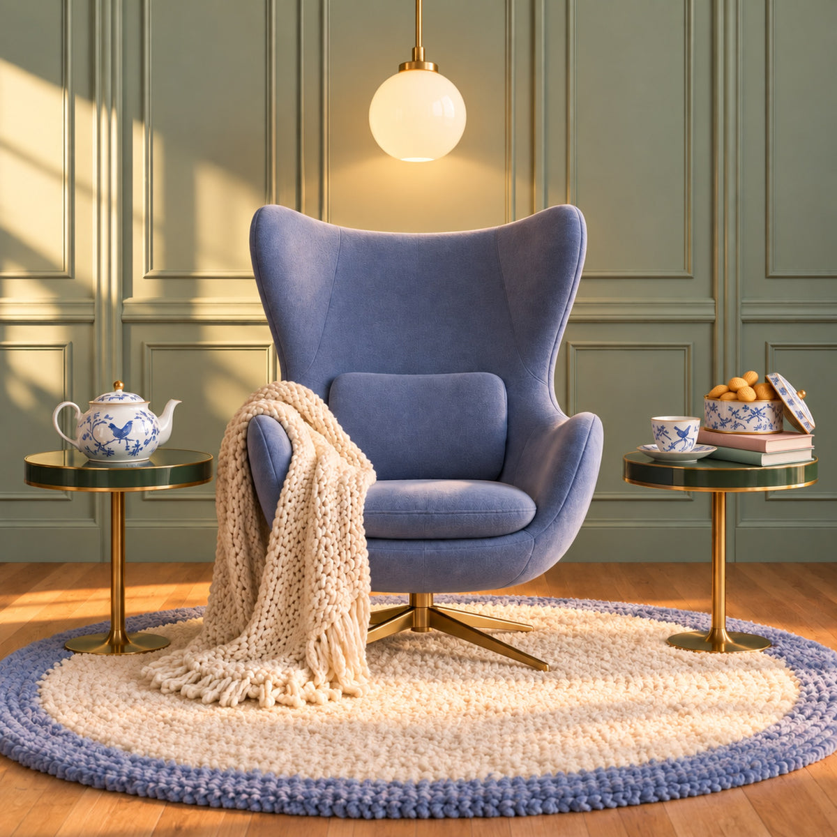 A periwinkle egg chair with a cream knitted blanket under a softly lit brass pendant lamp, between two small green tables holding a blue-and-white teapot, a teacup and a tin of biscuits, on a fluffy round rug.